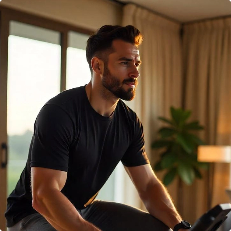 Homem de camiseta preta usando a Bicicleta Spinning Magnética Gallant Elite X